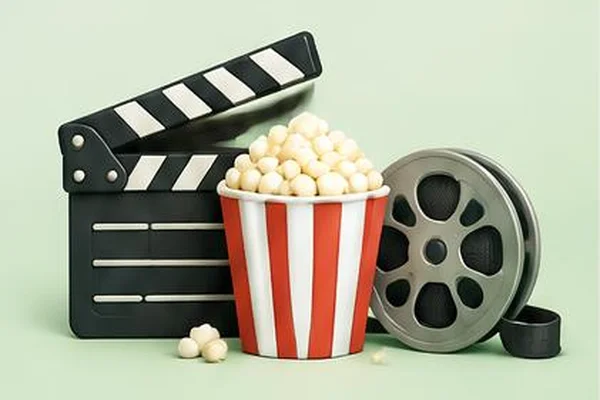 Clapperboard, popcorn and film reel