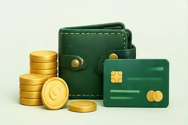Wallet, coins and bank card