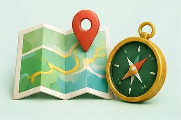 Map, location pin and compass